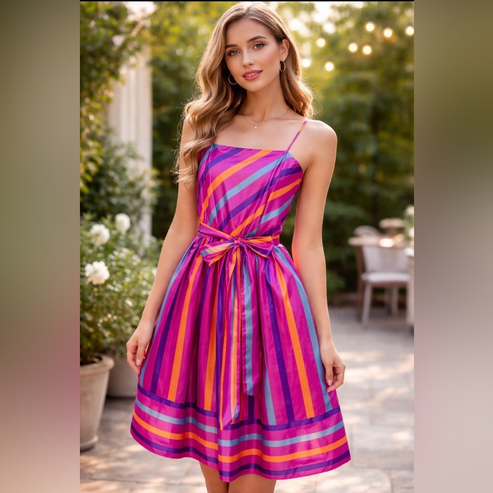 Vintage silky pink vibrant colorful bow tie striped dress size S